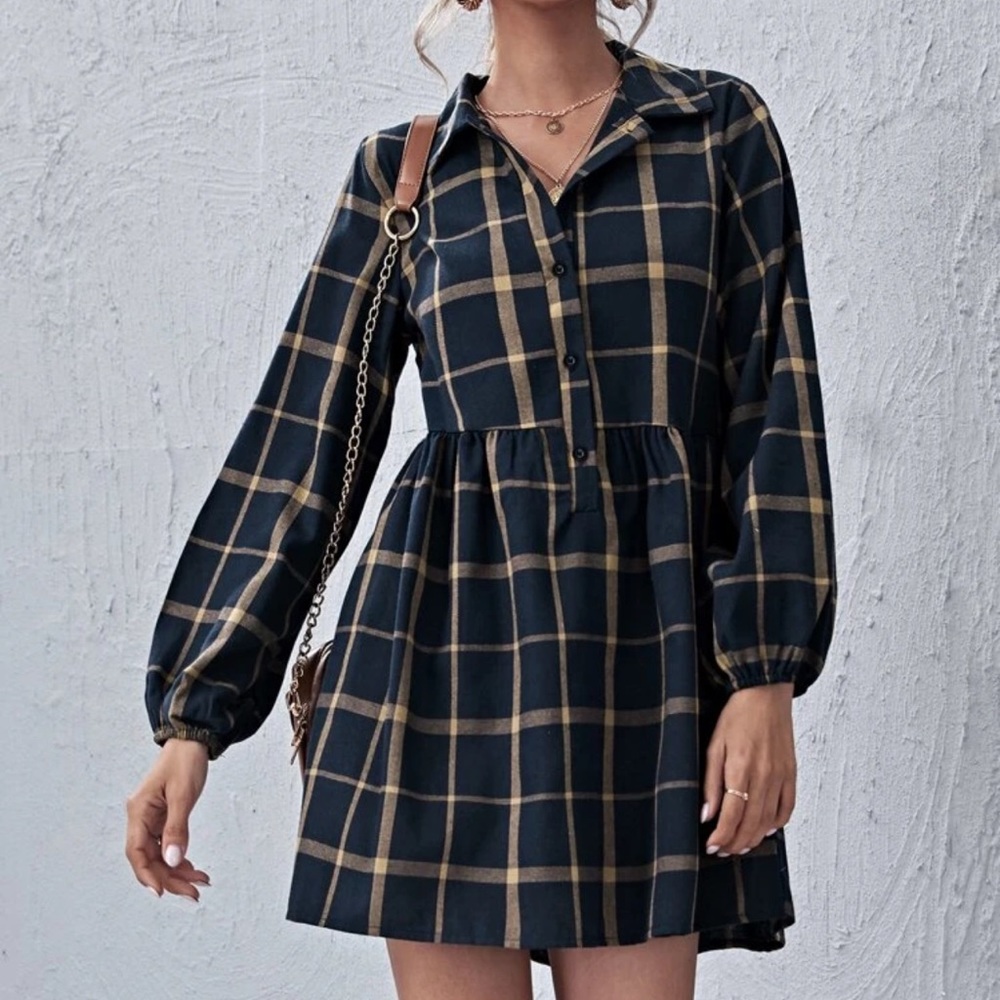 SHEIN navy plaid button front dress